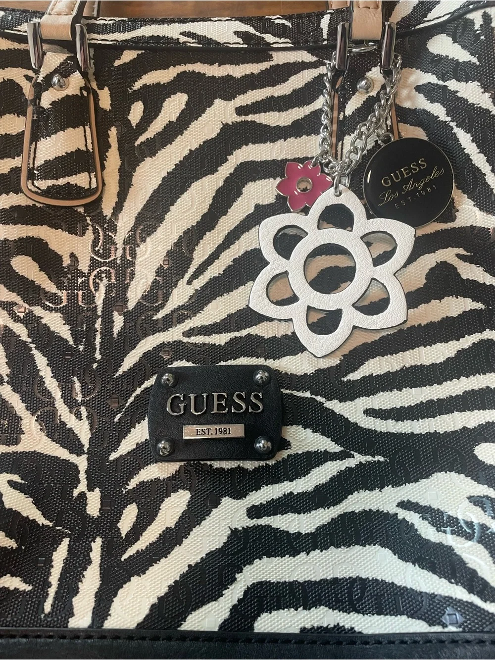 GUESS Zebra-Print Tote with Flower Charm Bag Purse Stylish